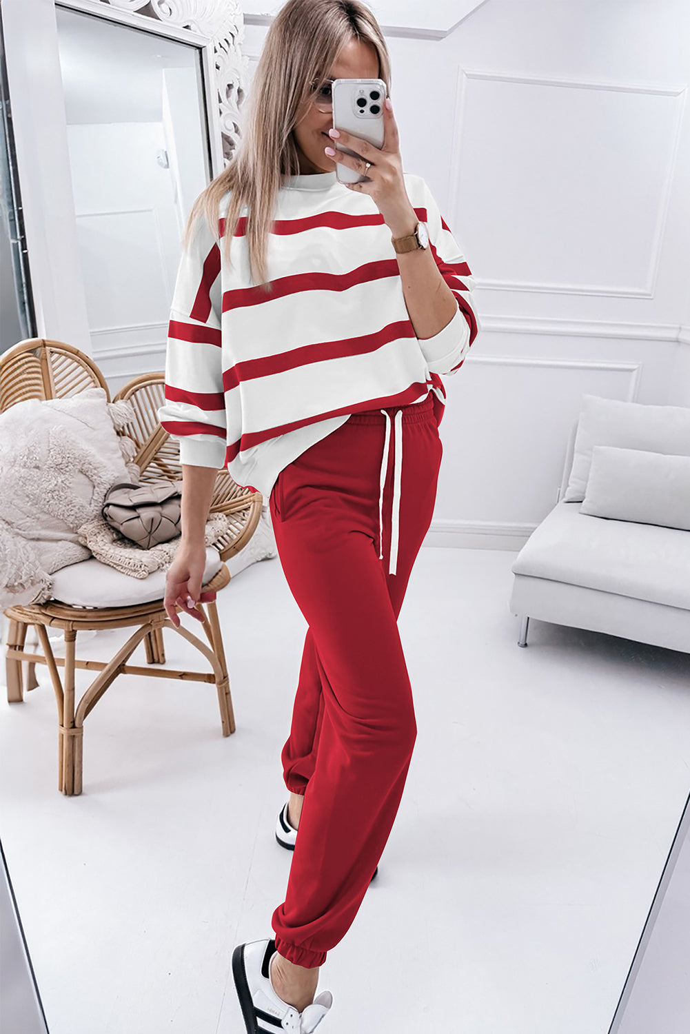 Red Stripe Drop Shoulder Sweatshirt and Pants Set