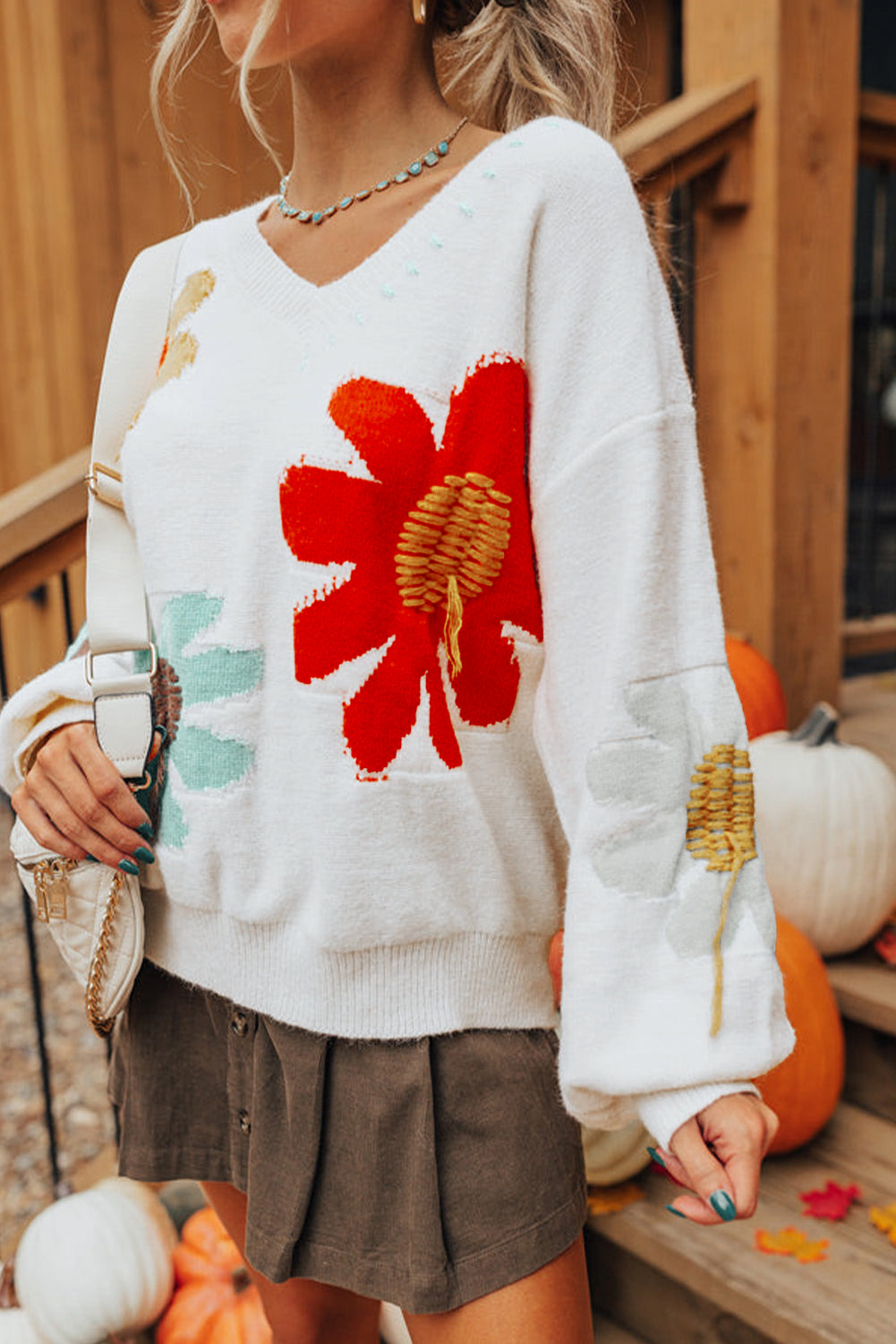 Big Flower V Neck Drop Shoulder Sweater
