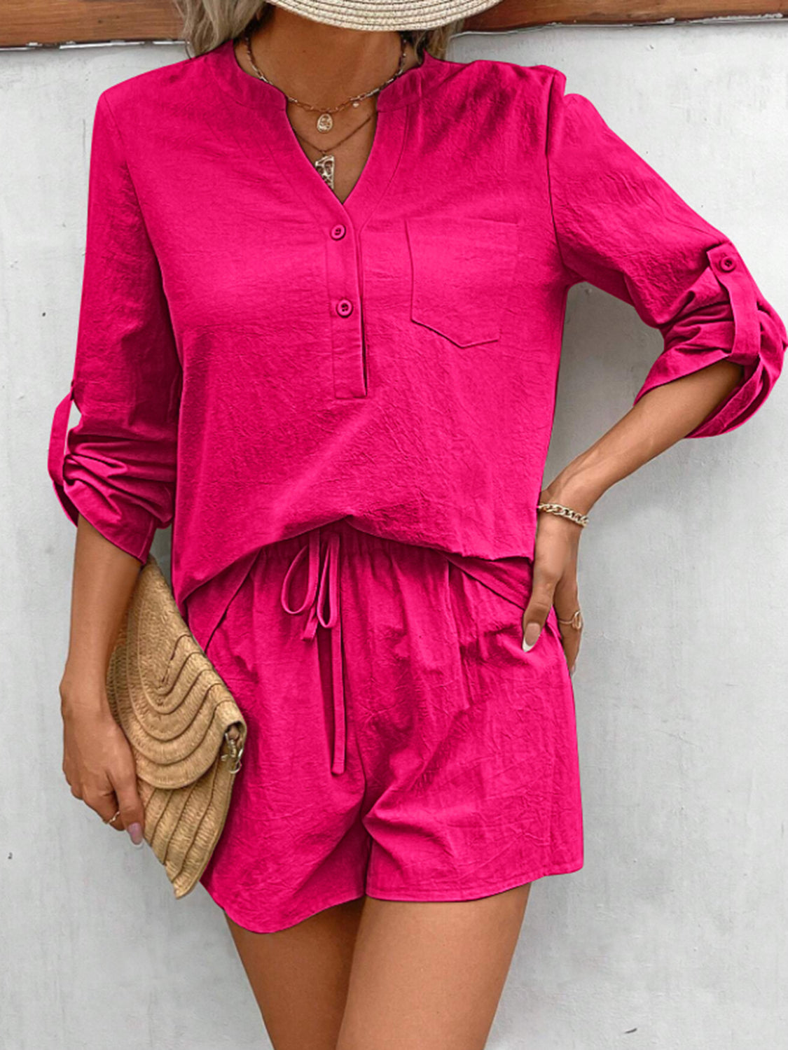 Hot Pink Rolled Long Sleeve Top and Drawstring Shorts Set