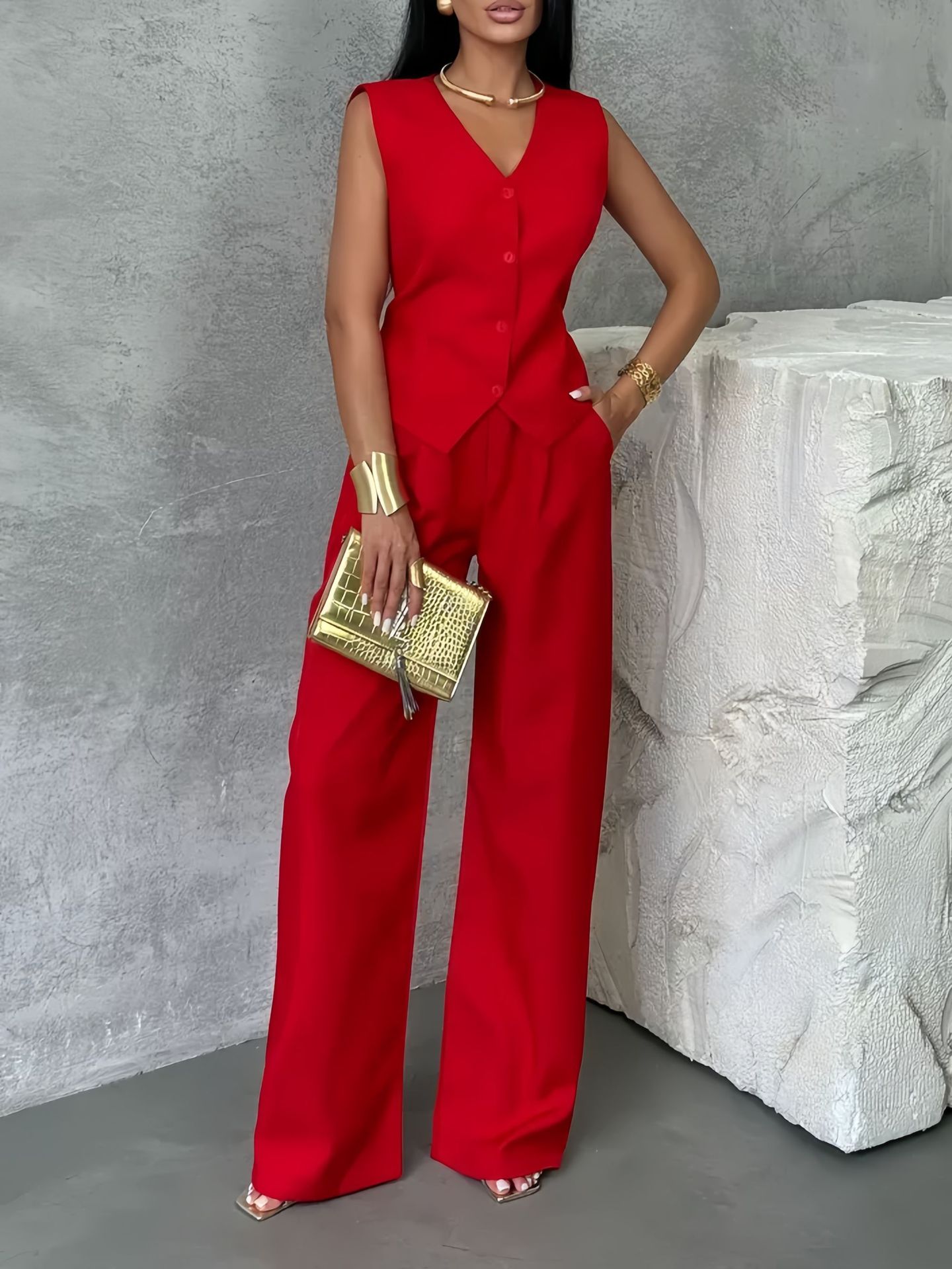 Women’s Vest & Wide Leg Pants Two-Piece Set – Elegant Commuter Matching Outfit Red CJ Dropshipping Vest and Pants Set