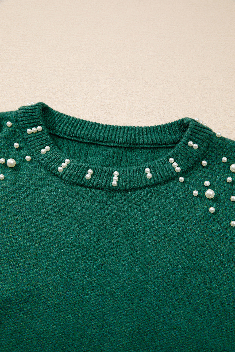 Evergreen Pearled Drop Shoulder Round Neck Sweater