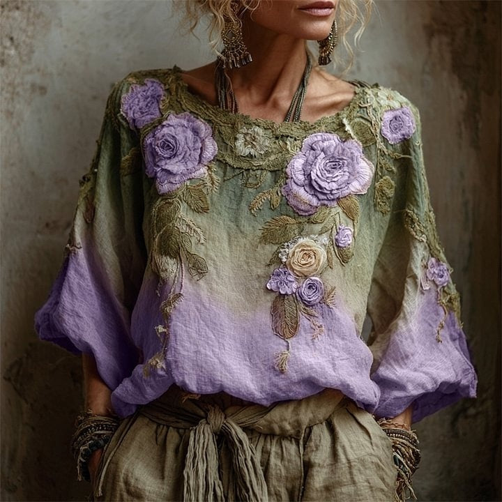 3D Boho Floral Round Neck Long Sleeve Top