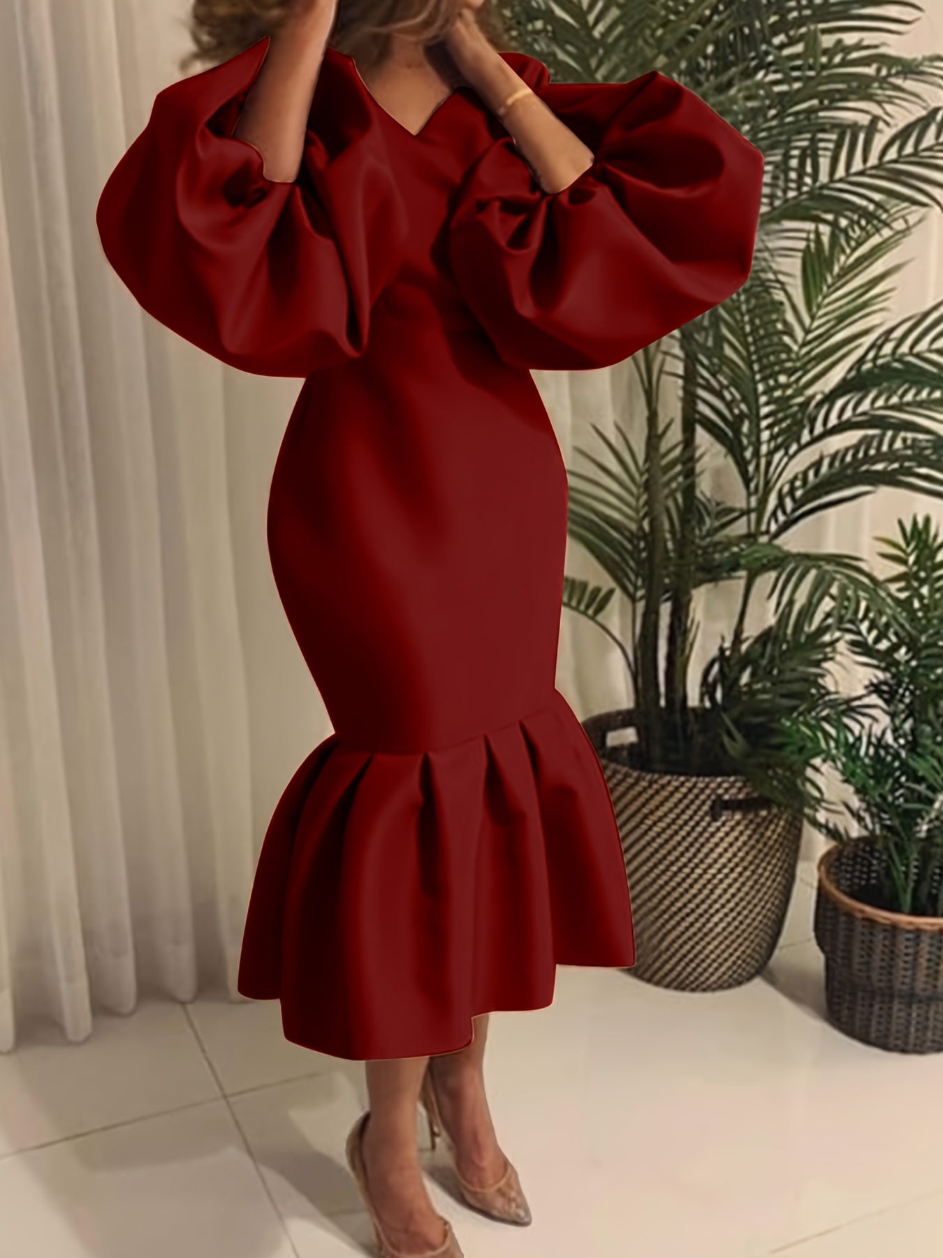 Cowl Neck Balloon Sleeve Mermaid Dress