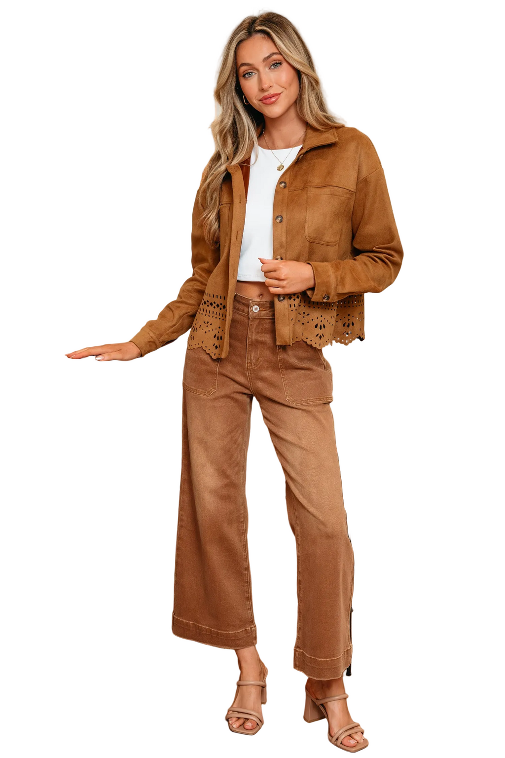 Brown Faux Suede Hollowed Detail Style Jacket Bazaare Mart Outerwear/Jackets