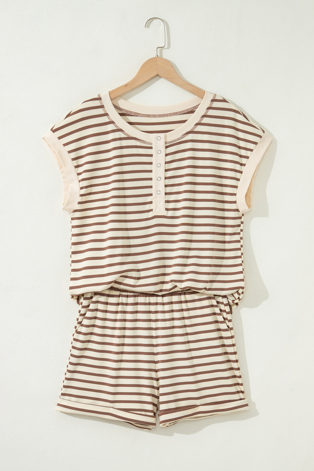 Brown Stripe Half Buttons Top and Shorts Set Brown Stripe 95%Polyester+5%Elastane Dear-Lover Dropshipping Two Piece Sets/Short Sets