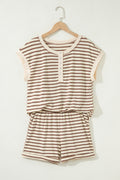 Brown Stripe Half Buttons Top and Shorts Set Brown Stripe 95%Polyester+5%Elastane Dear-Lover Dropshipping Two Piece Sets/Short Sets