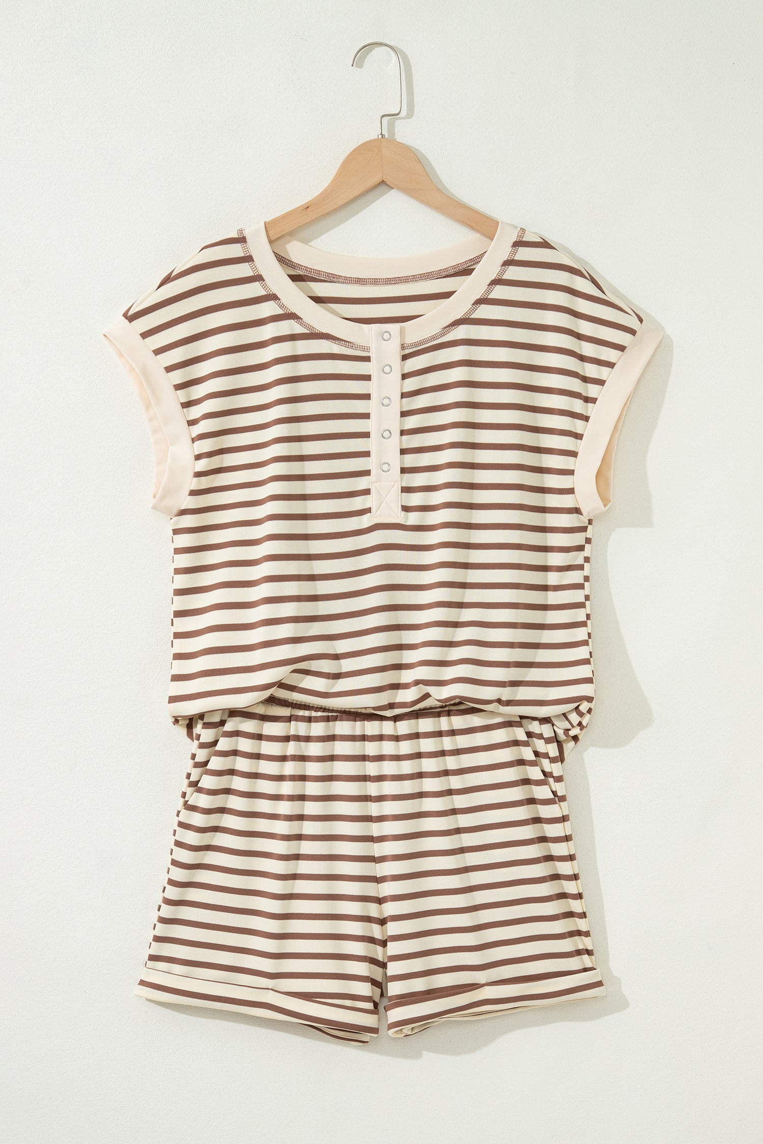 Brown Stripe Half Buttons Top and Shorts Set Brown Stripe 95%Polyester+5%Elastane Dear-Lover Dropshipping Two Piece Sets/Short Sets