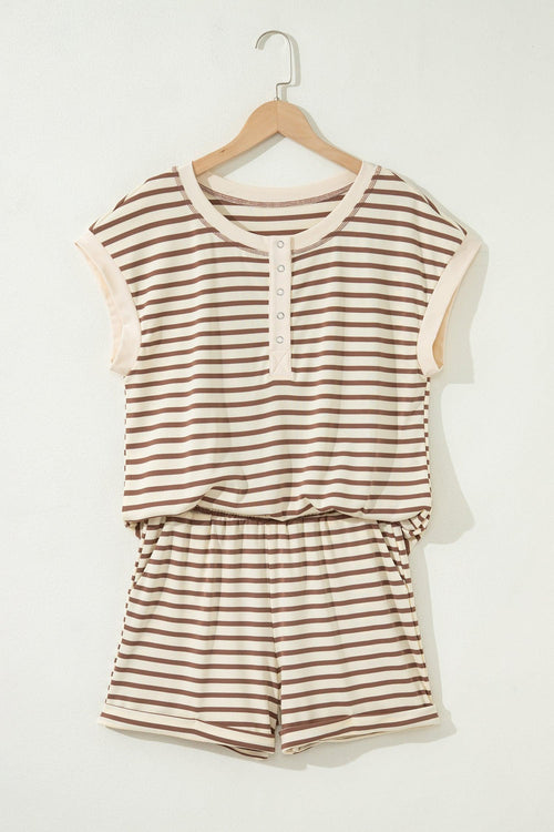Brown Stripe Half Buttons Top and Shorts Set Brown Stripe 95%Polyester+5%Elastane Dear-Lover Dropshipping Two Piece Sets/Short Sets