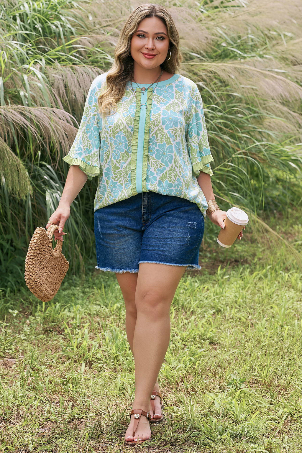 Plus Size Floral Blouse – Sky Blue Frilled Sleeve Color Block Trim Top Dear-Lover Dropshipping Plus Size/Plus Size Tops/Plus Size Blouses & Shirts