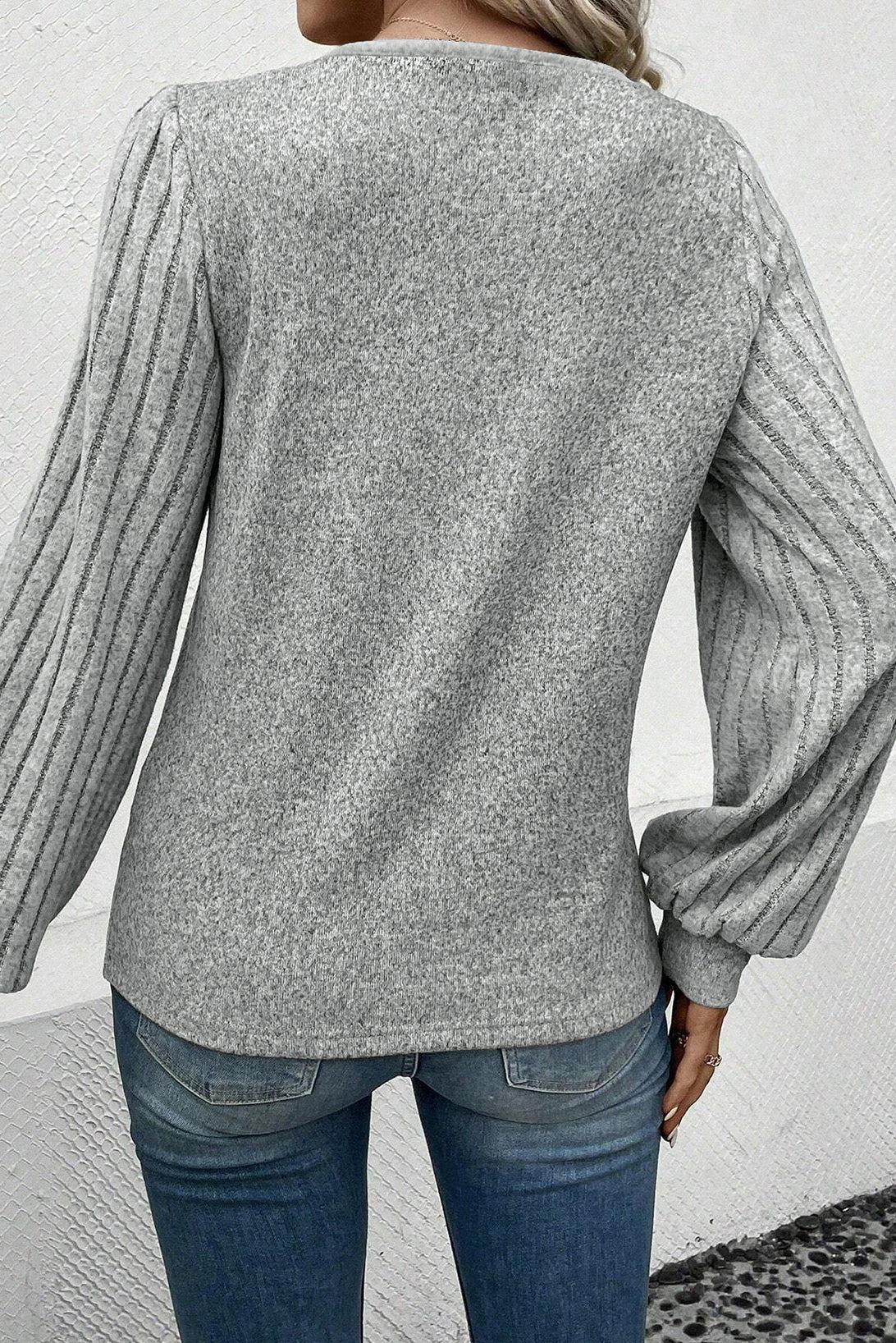 Gray Contrast Ribbed Bishop Sleeve Top