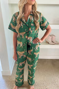 Green Cheetah Print Short Sleeve PJs Green 100%Polyester Shewin Lady's PJs