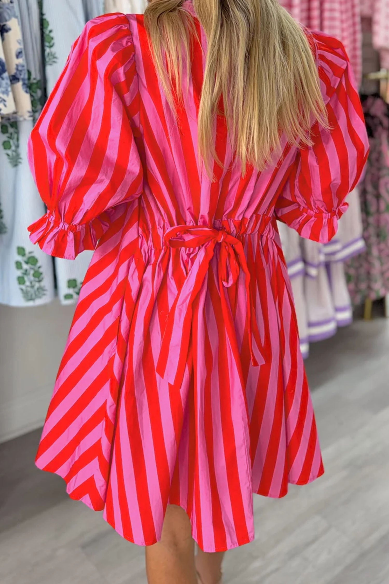 Striped Puff Sleeve Mini Dress – Half Button Loose Fit Summer Dress Dear-Lover Dropshipping Dresses/Mini Dresses