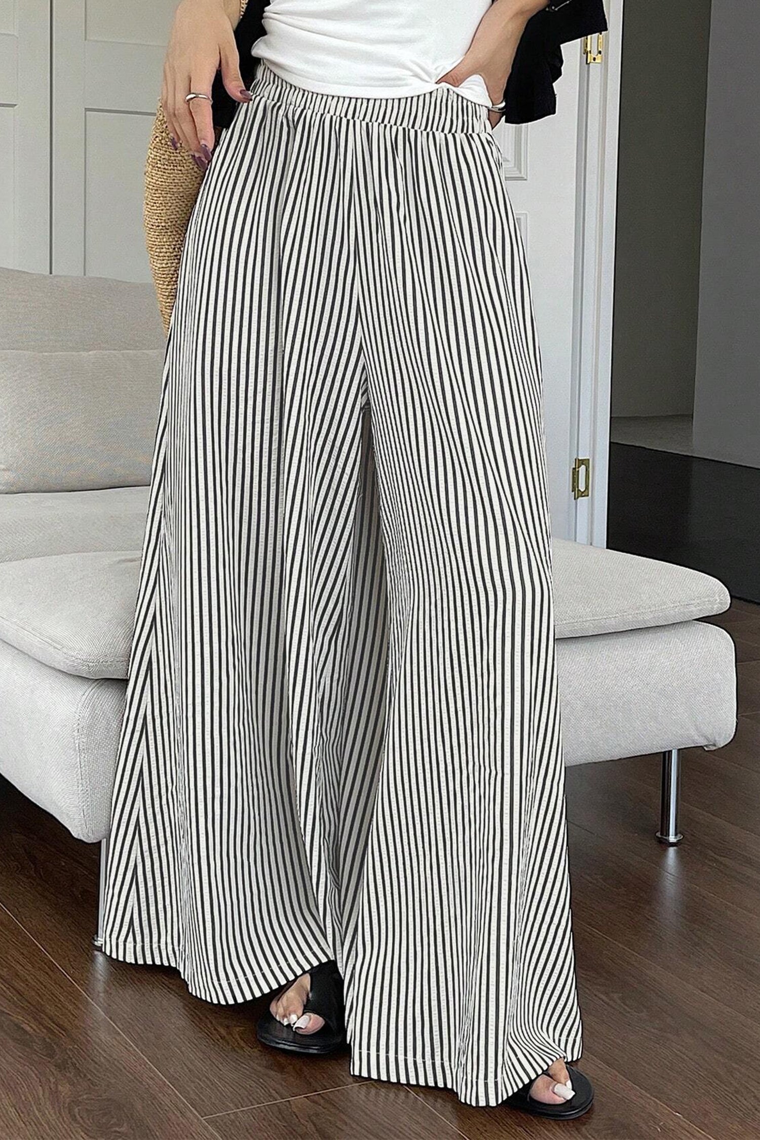 Black Stripe Elastic Waist Ultra Wide Leg Pants Dear-Lover Dropshipping Bottoms/Pants & Culotte
