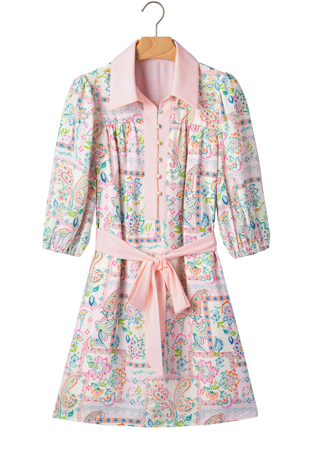Pink Pastel Patchwork Mini Dress – Half Button Belted Color Block Dress