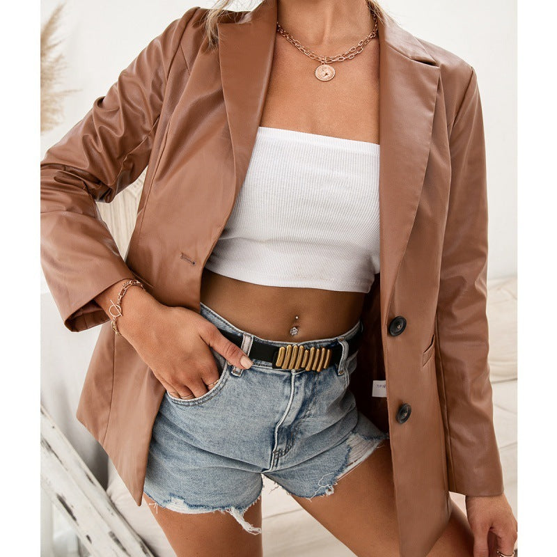 Classic Brown PU Leather Blazer