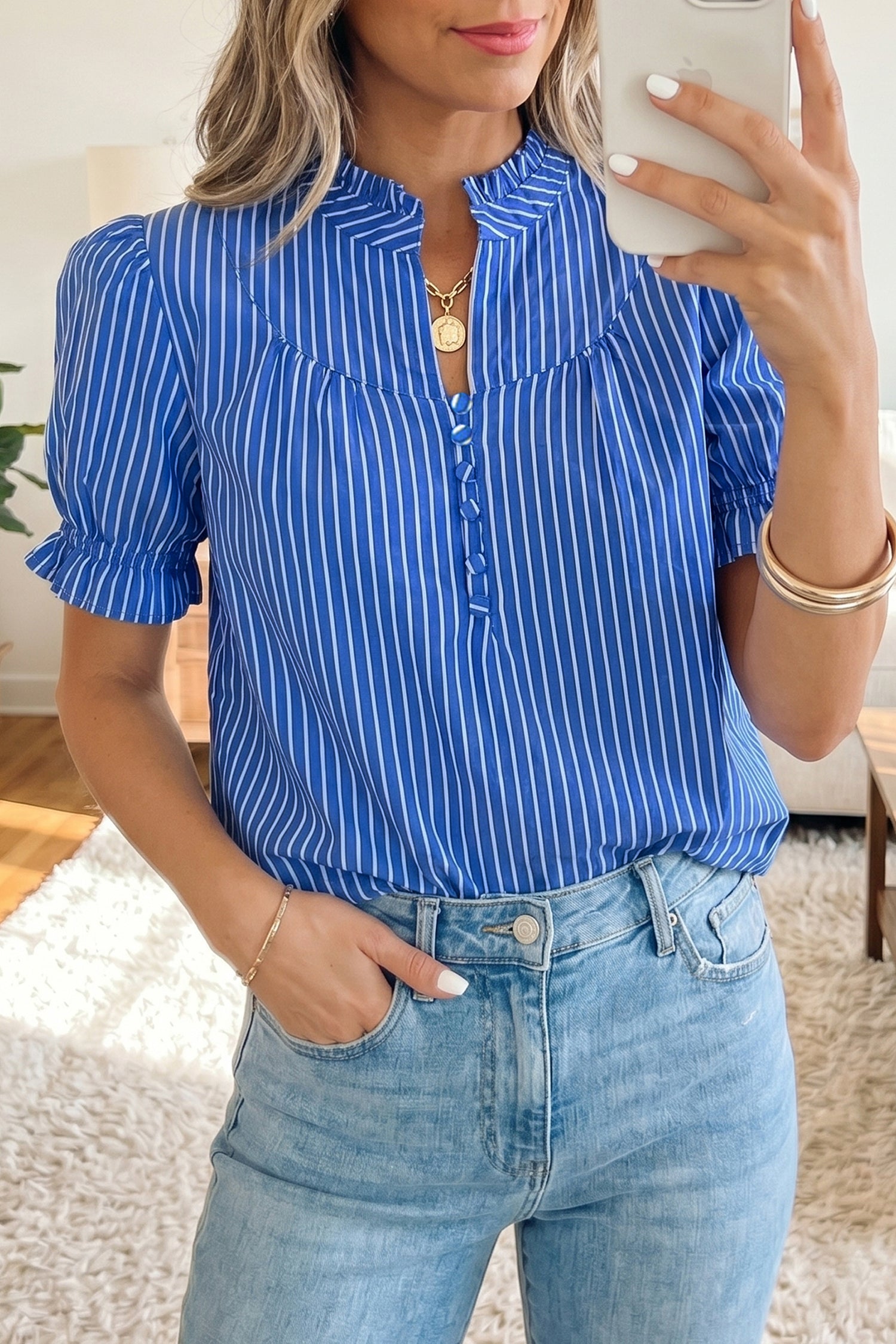Striped Puff Sleeve Button Front Blouse – Ruffle Cuff Summer Shirt for Women Dear-Lover Dropshipping Tops/Blouses & Shirts