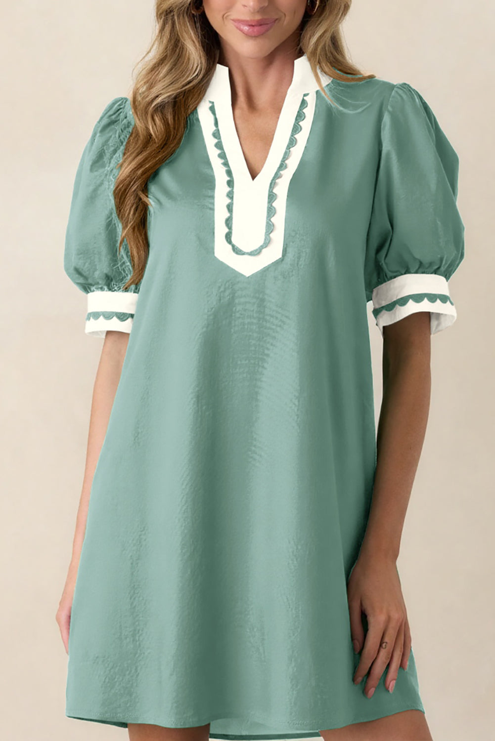 Scallop Trim Puff Sleeve Mini Dress – Color Block Notched Neck Dress for Women Canton 45%Cotton+42%Viscose+13%Polyamide Dear-Lover Dropshipping Dresses/Mini Dresses