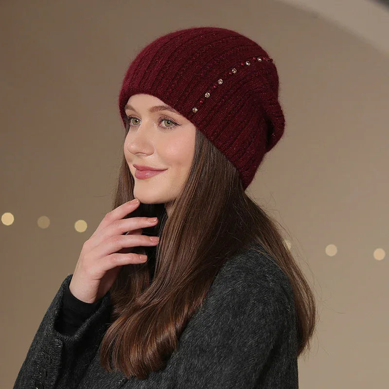 Knitted Wool Double-layer Warm Hat Fashion Burgundy M CJ Dropshipping Knit Hat