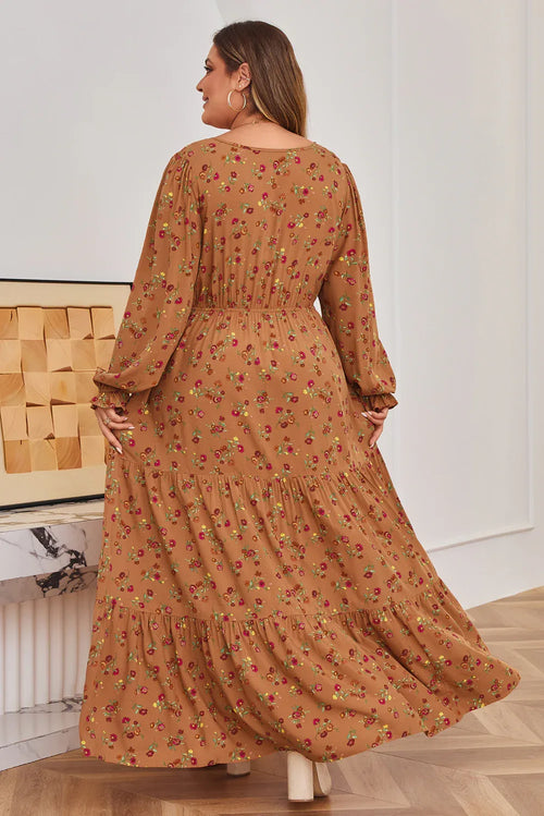 Brown Floral Ruffled Sleeve Tiered Maxi Dress Bazaare Mart Plus Size/Plus Size Dresses/Plus Size Maxi Dresses