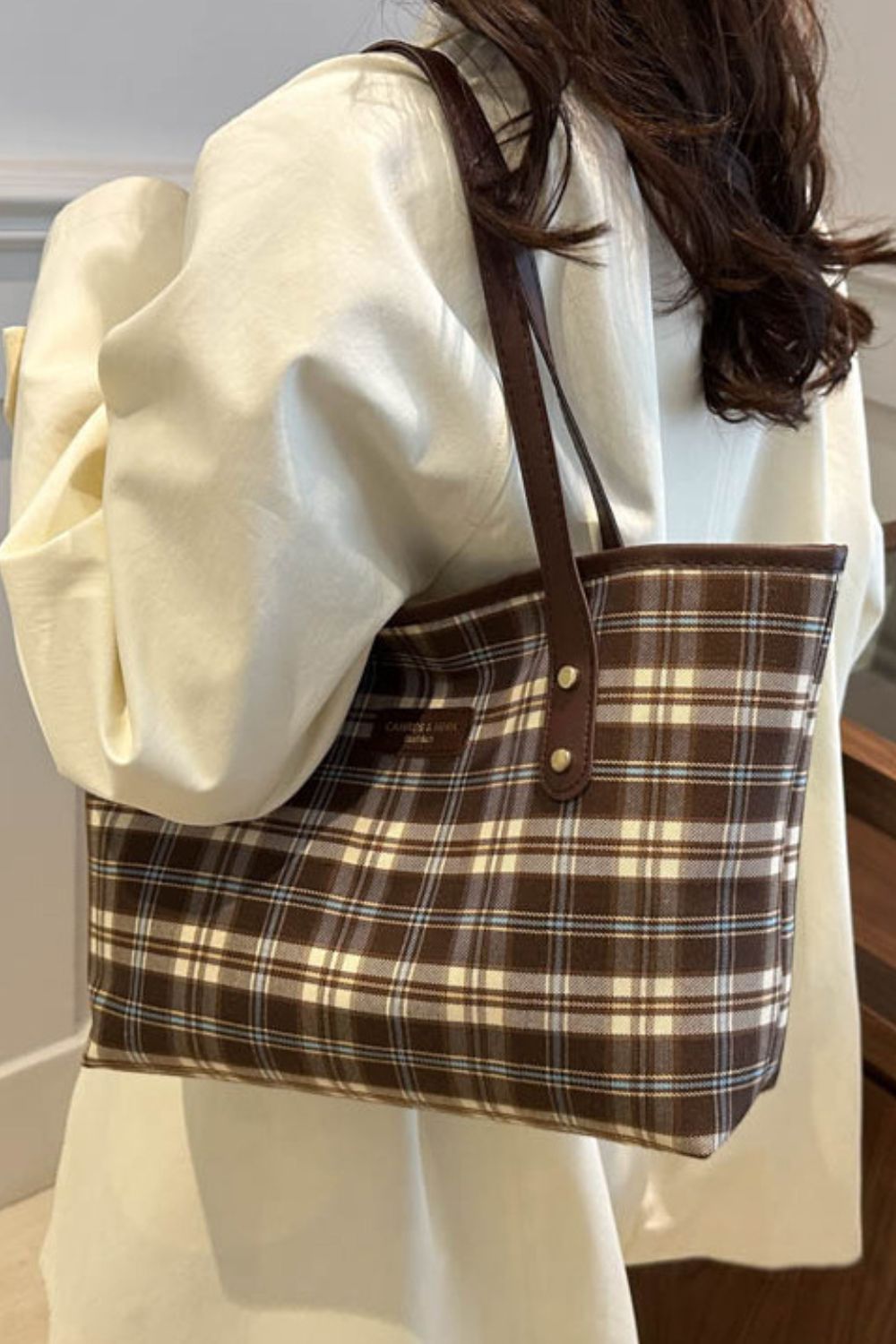 Brown Plaid PU Leather Tote Bag