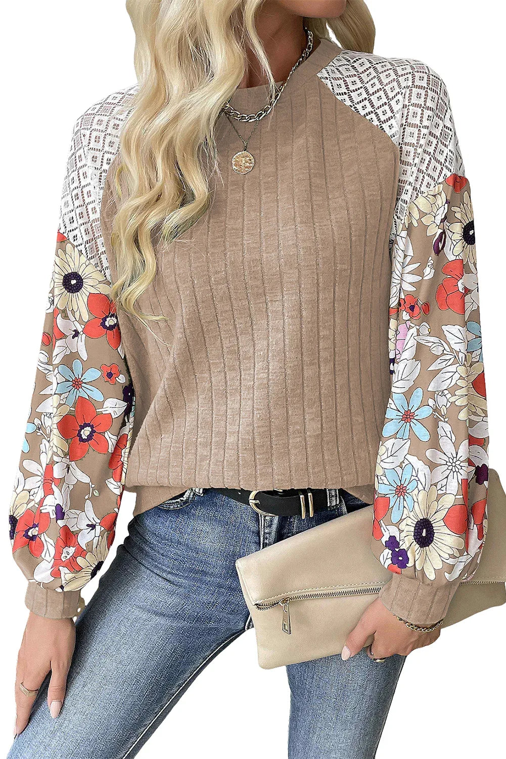 Parchment Floral Patchwork Long Sleeve Ribbed Blouse Bazaare Mart Tops/Blouses & Shirts
