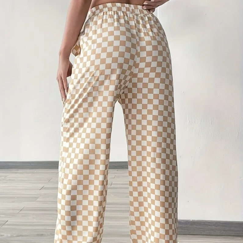 Beige Checkerboard Drawstring High Waisted Wide Leg Pants