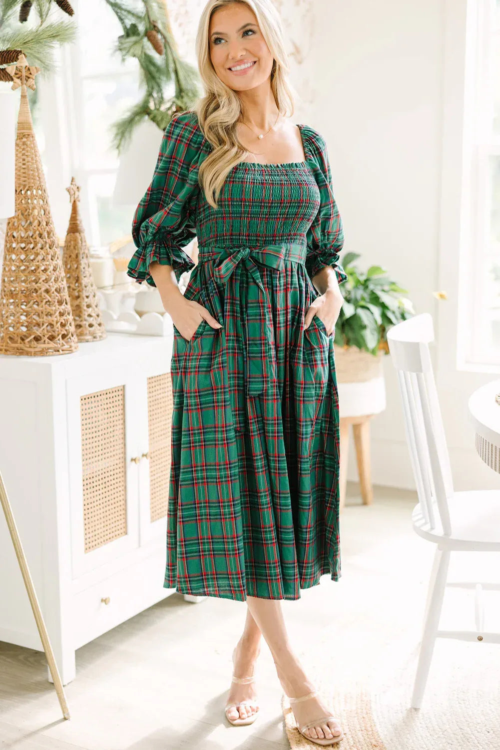 Tartan Plaid Square Neck Puff Sleeve Flared Midi Dress Bazaarre Mart Dresses/Maxi Dresses