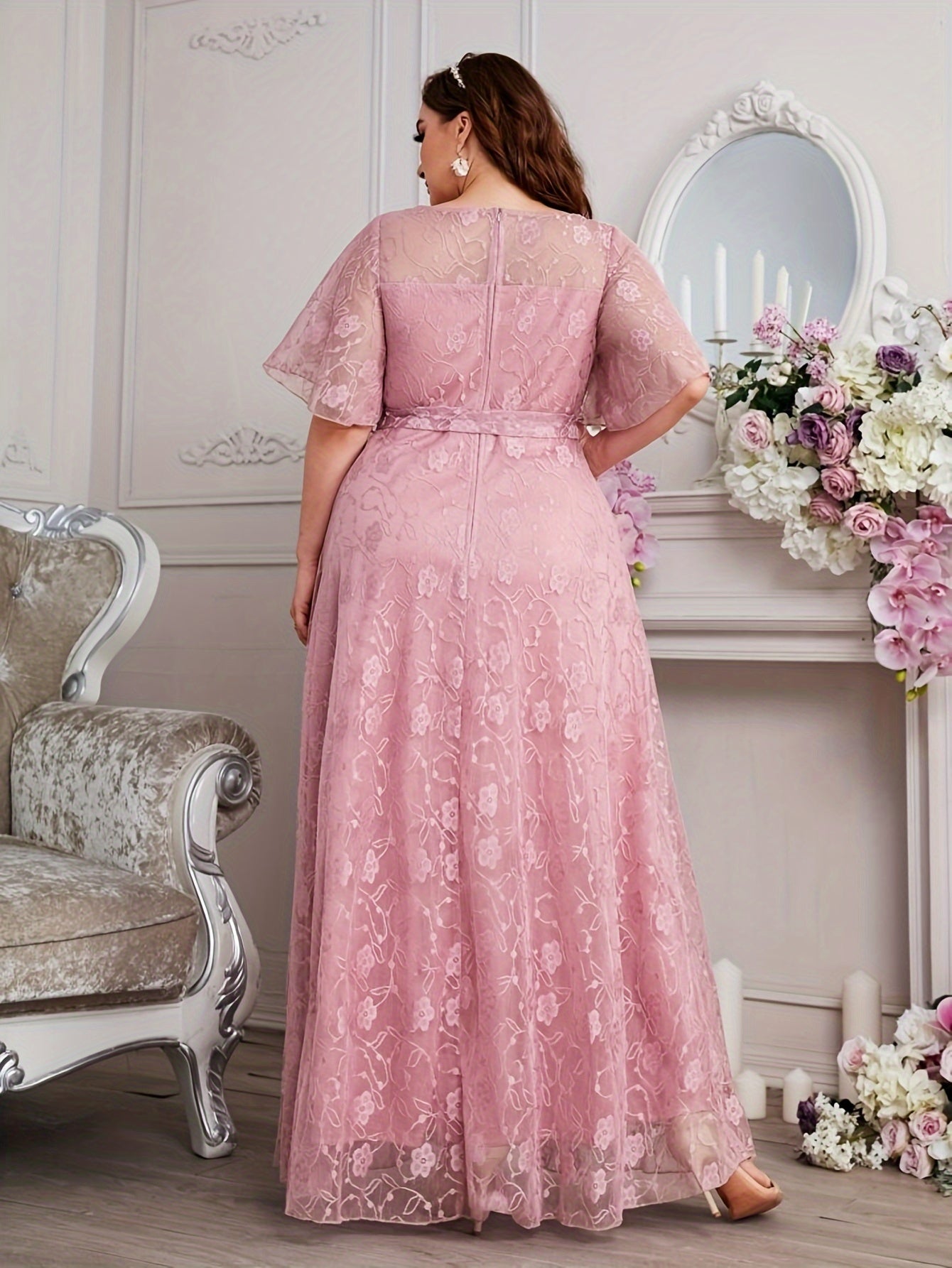 Elegant High Waist Lace Round Neck Half Flutter Sleeve Solid Color Formal Floor Length Dress