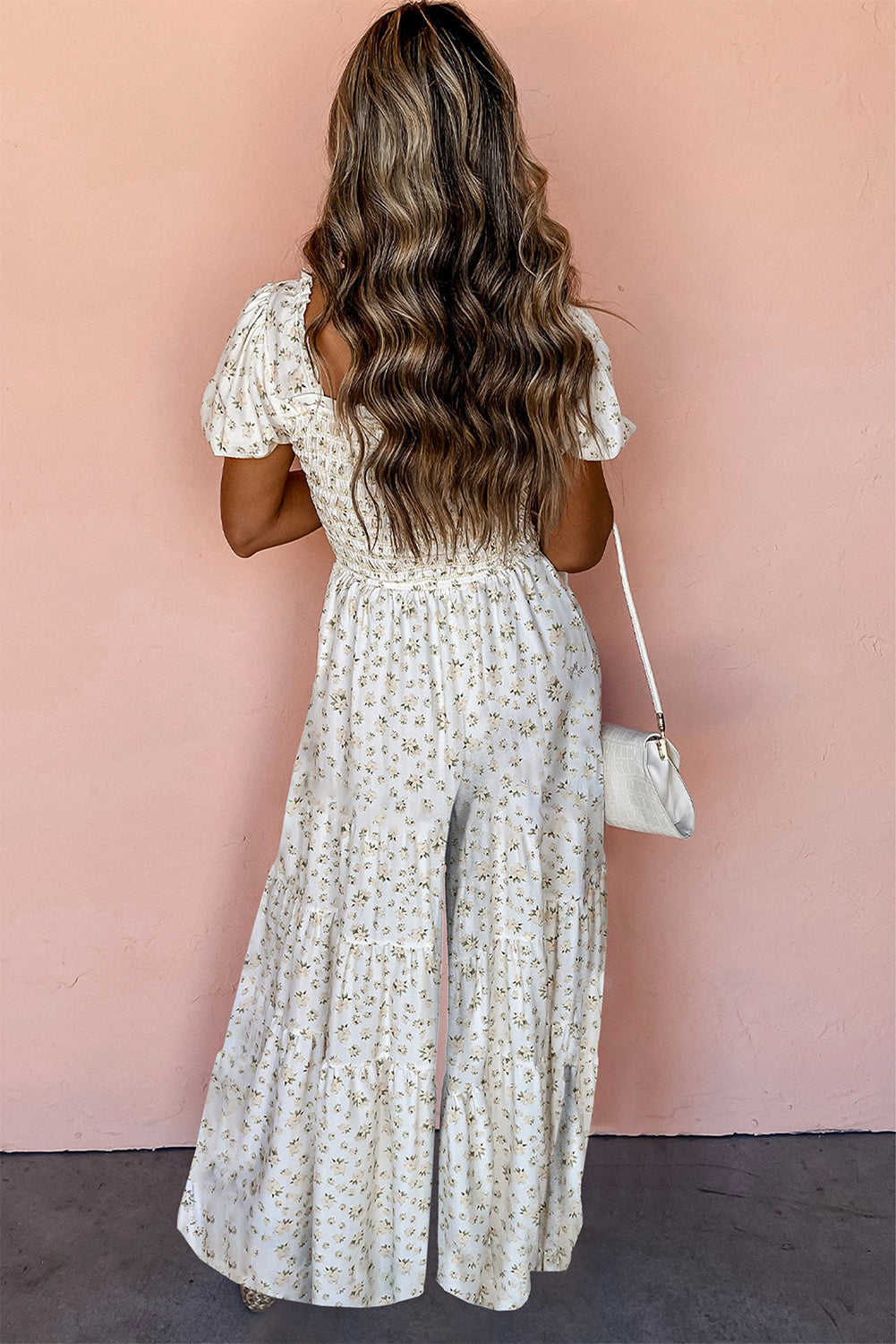 White Floral Smocked Wide Leg Short Puff Sleeve Jumpsuit