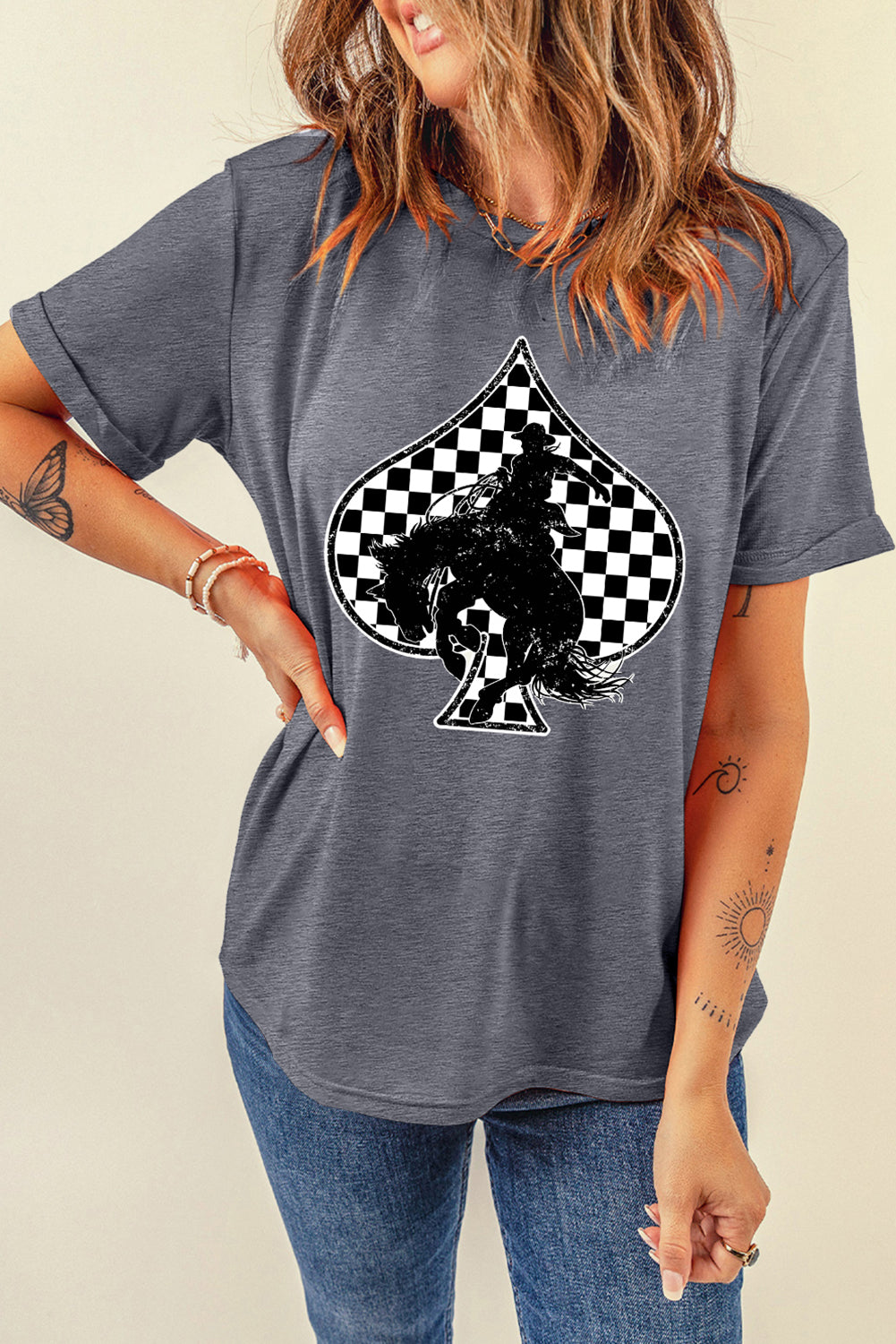 Gray Rodeo Check Spades Western Graphic T Shirt Dear-Lover Dropshipping Graphic/Graphic Tees