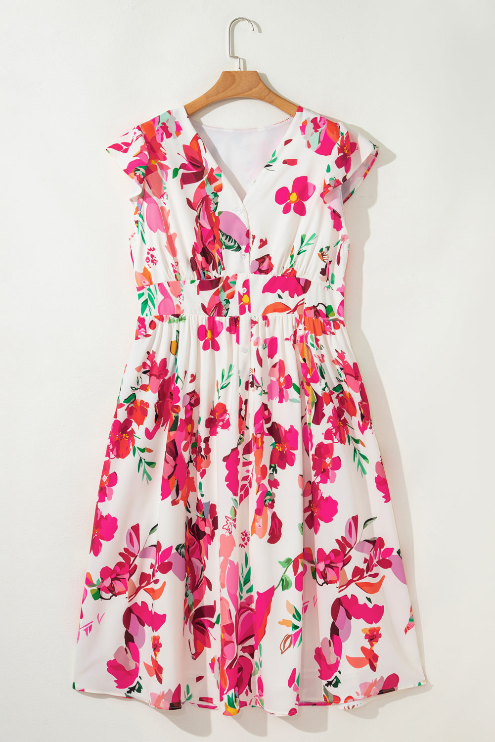 Floral V Neck Ruffle Sleeve Plus Size Midi Dress Dear-Lover Dropshipping Plus Size/Plus Size Dresses/Plus Size Midi Dresses