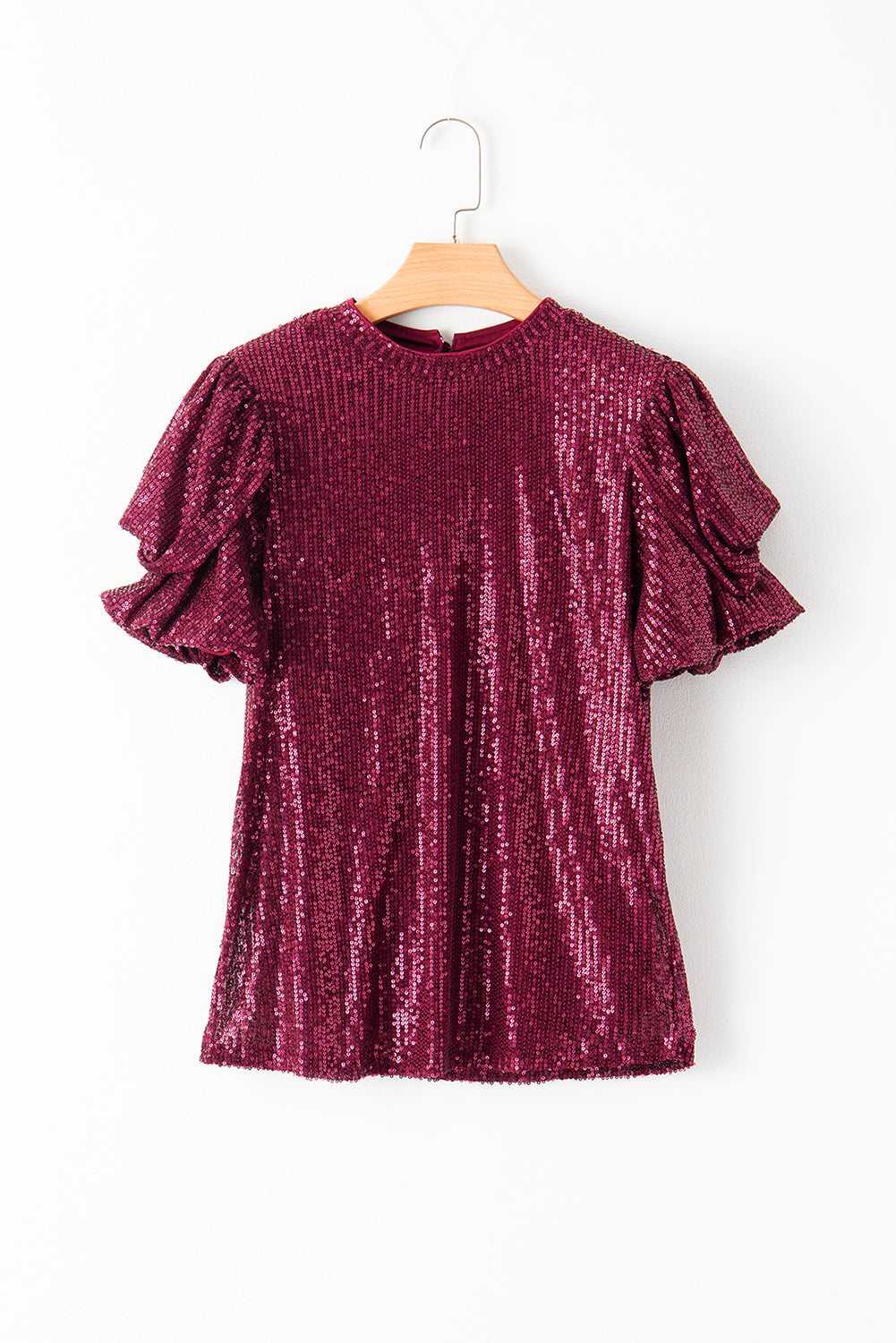 Burgundy Glittering Sequin Short Bubble Sleeve Blouse