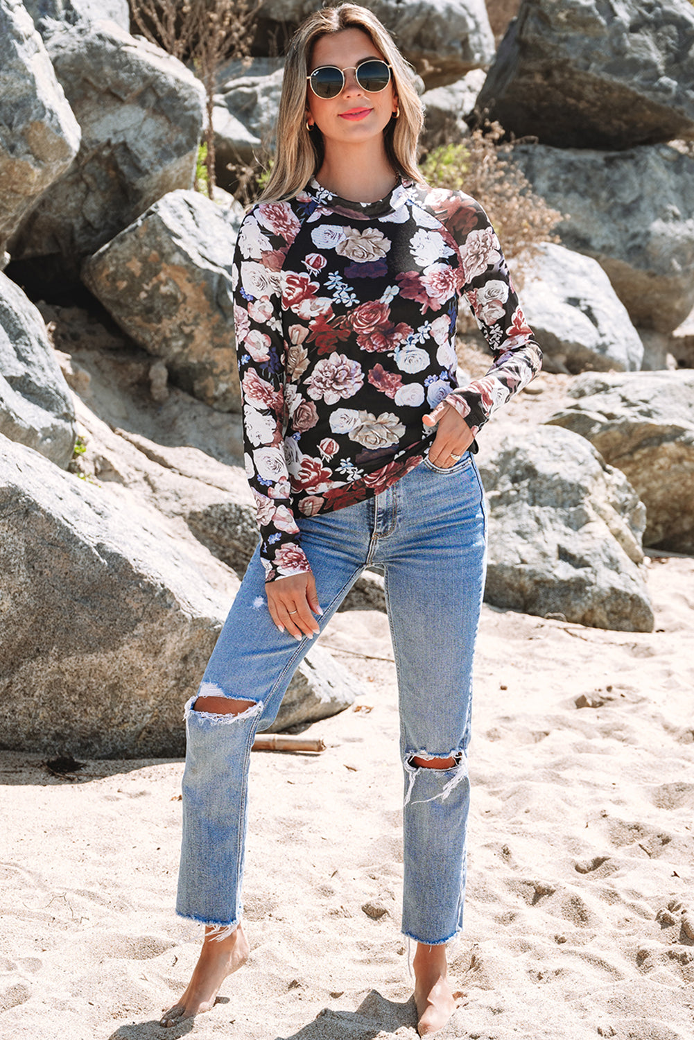 Black Floral Mesh Mock Neck Long Sleeve Top