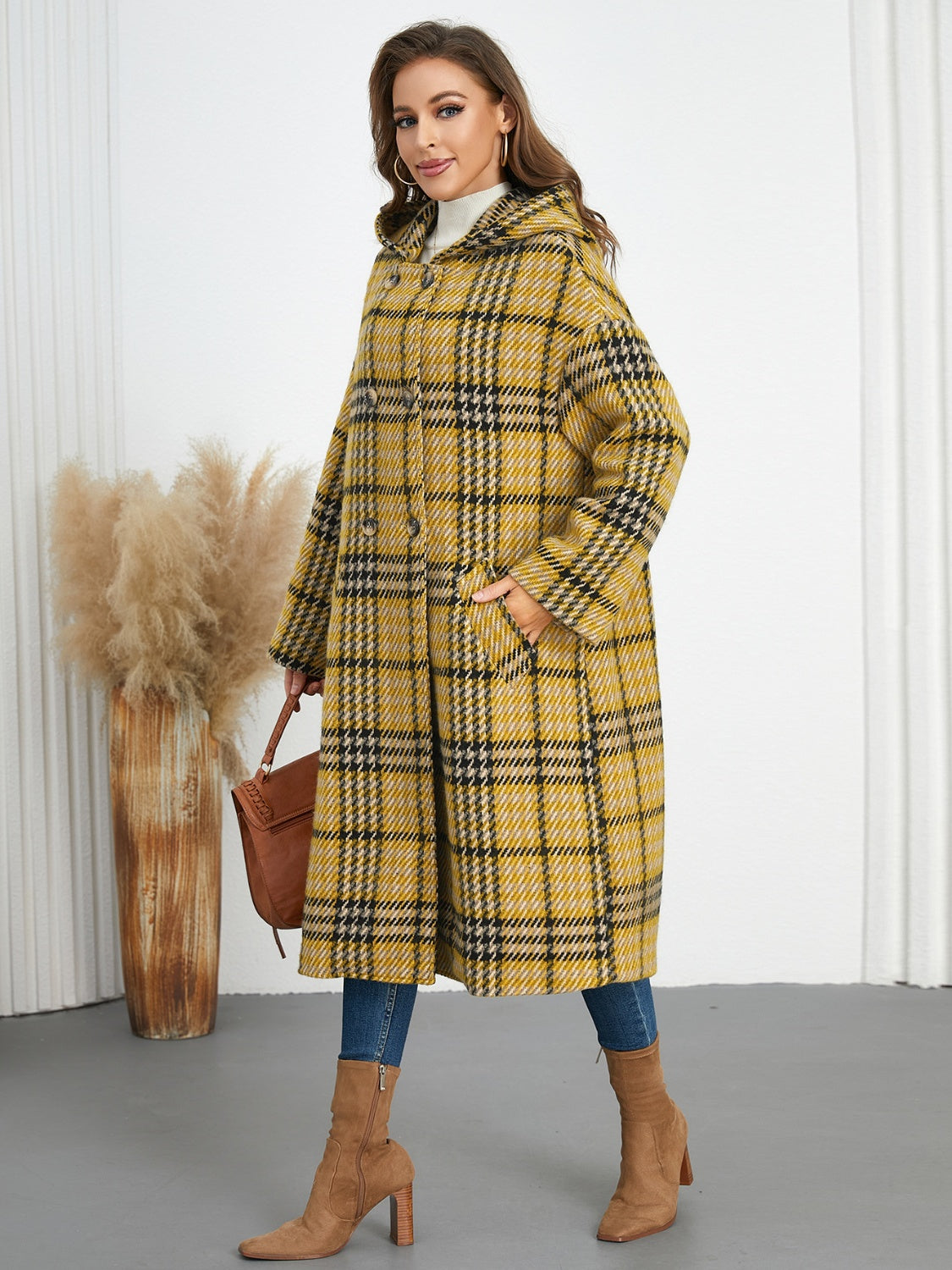 Plaid Double-Breasted Hooded Dress Coat