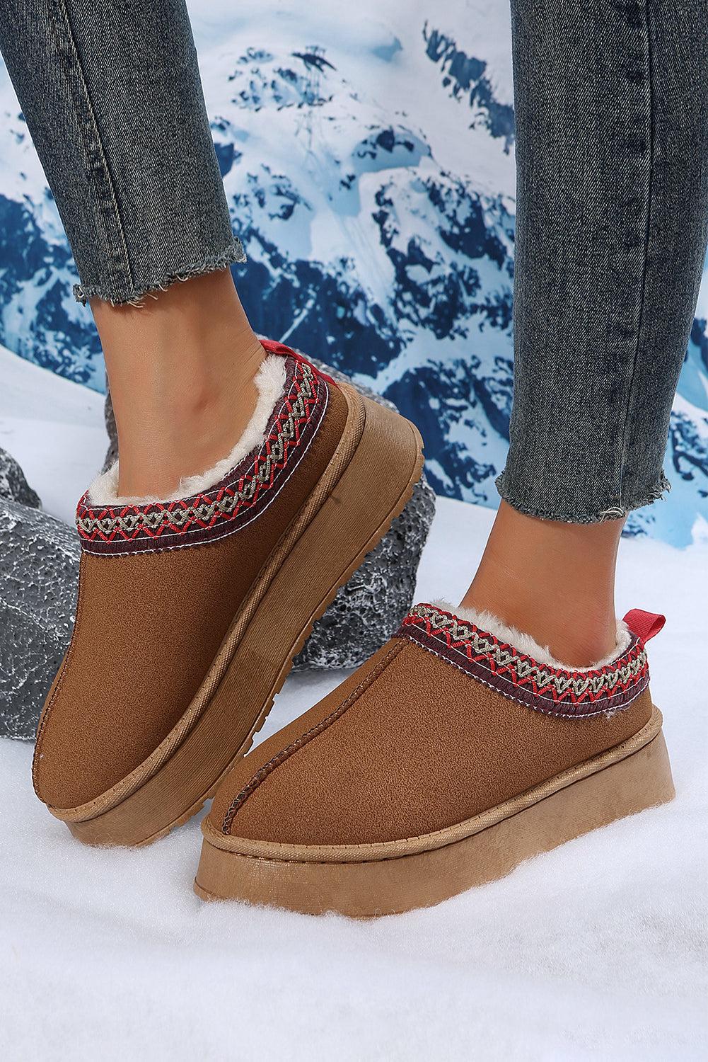 Suede Fur Trim Thick Flat Slippers