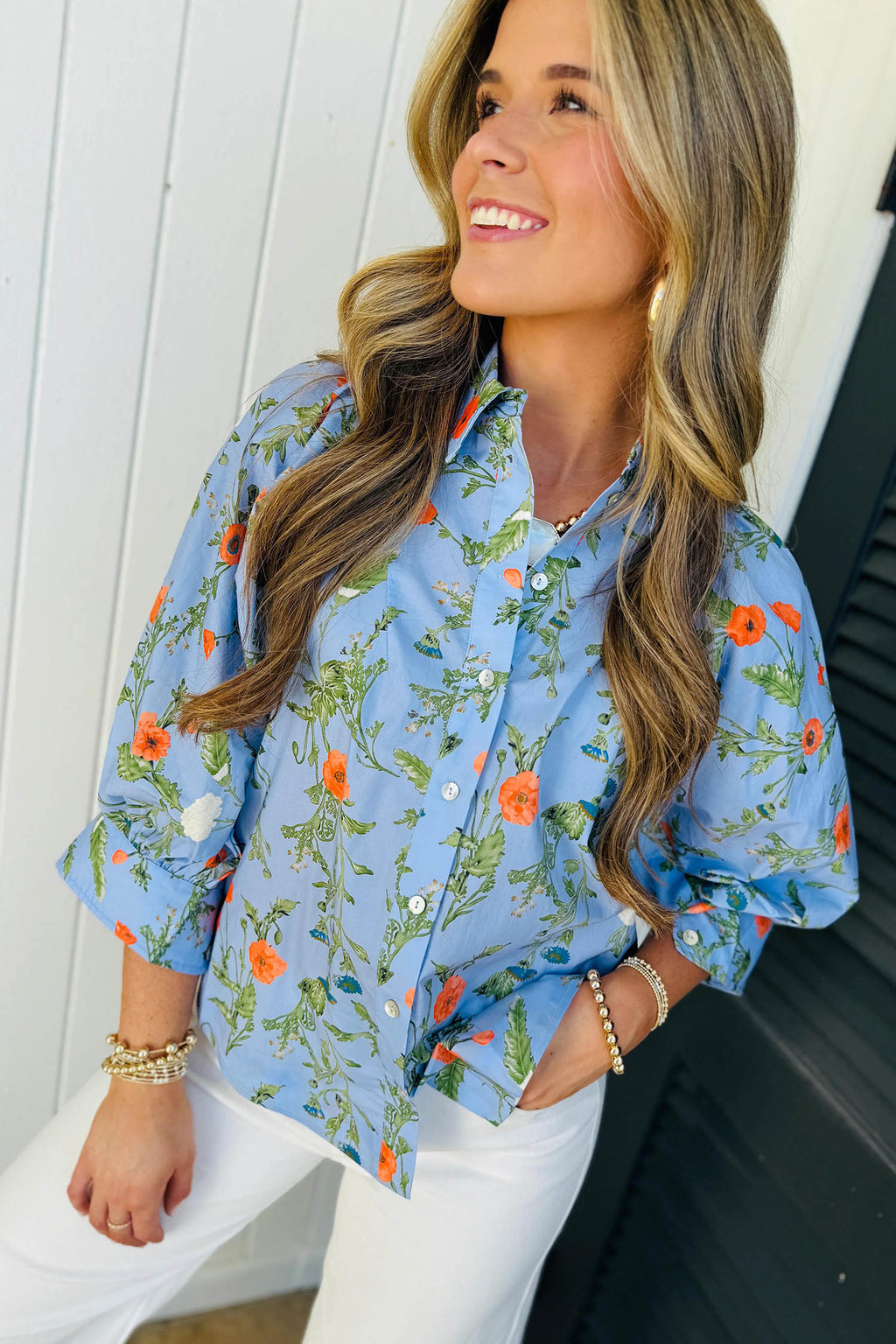 Sky Blue Floral Button-Down Blouse