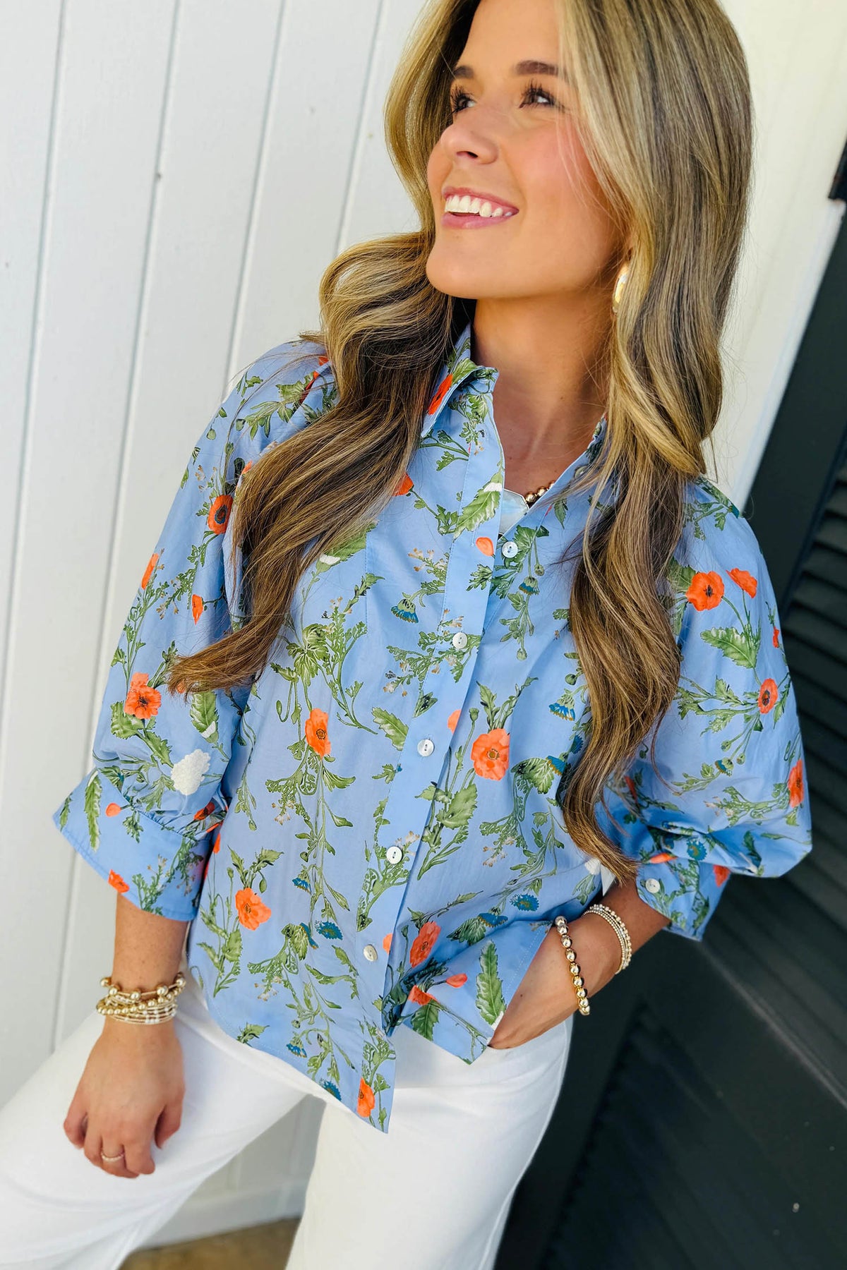 Sky Blue Floral Button-Down Blouse