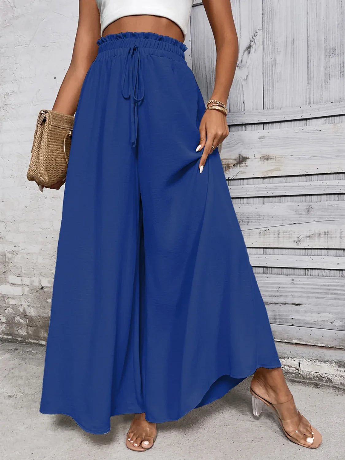 Tied High Waist Wide Leg Pants Royal Blue Bazaare Mart Extra Wide Leg Pants
