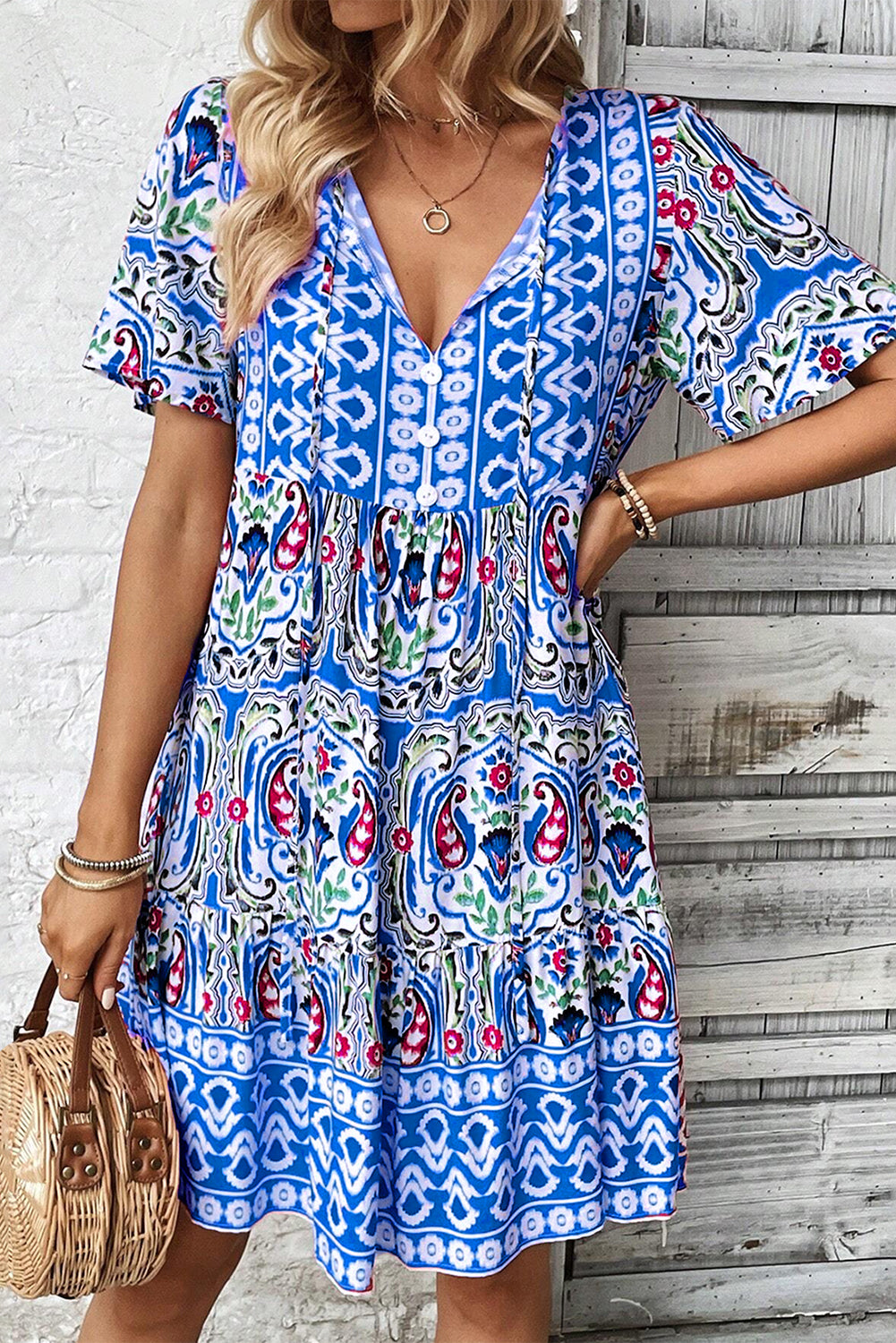 Sky Blue Bohemian Print Dress