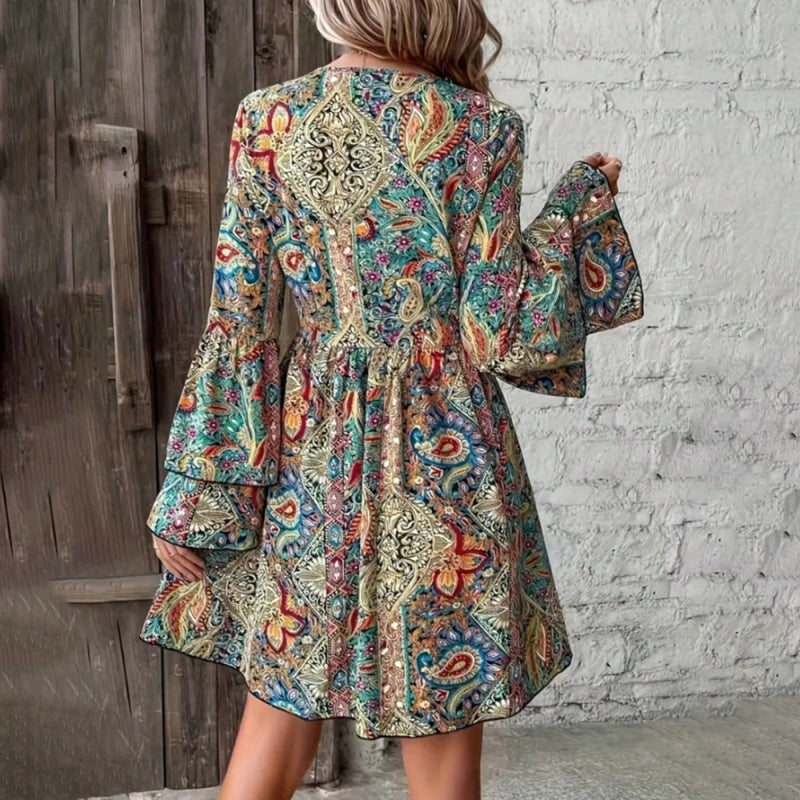 Paisley V-Neck Layered Bell Sleeve Mini Dress