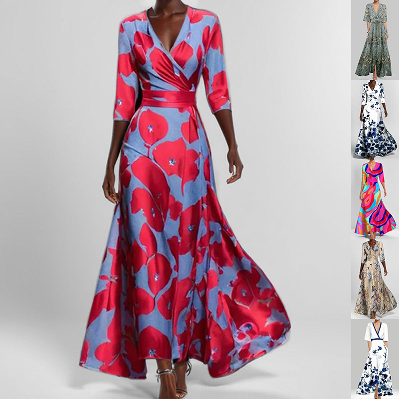 Classy Floral 3/4 Sleeve Peplum V-neck Maxi Dress CJ Dropshipping Elegant Floral Maxi Dress