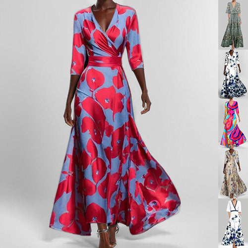 Classy Floral 3/4 Sleeve Peplum V-neck Maxi Dress CJ Dropshipping Elegant Floral Maxi Dress