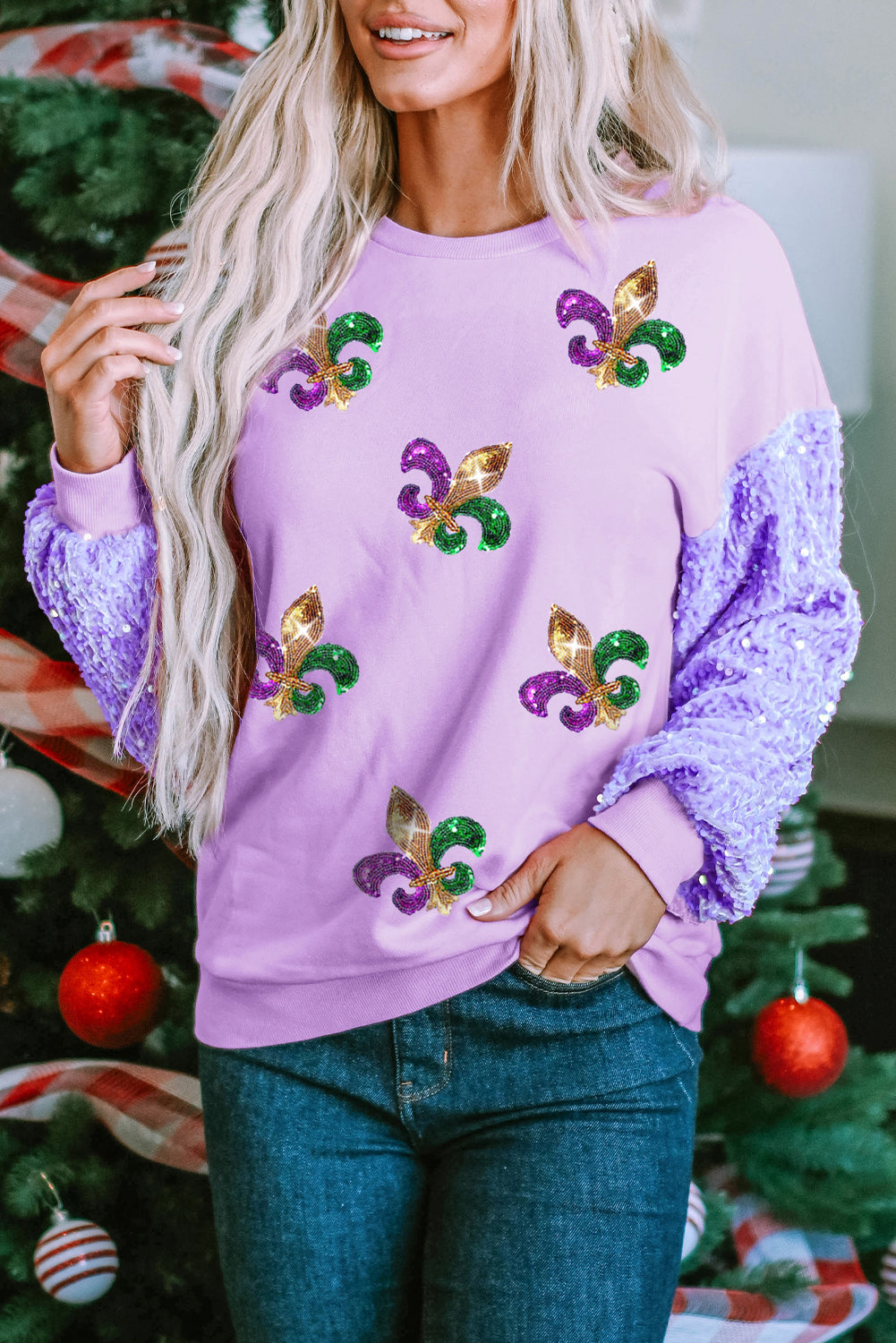 Orchid Sequin Patchwork Long Sleeve Fleur de Lis Patched Pattern Top