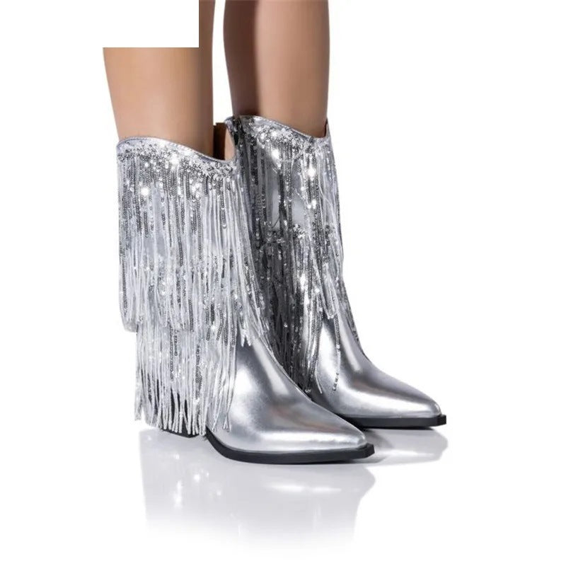 Sparkly Chunky Heel Tassel Boots Women's Shoes