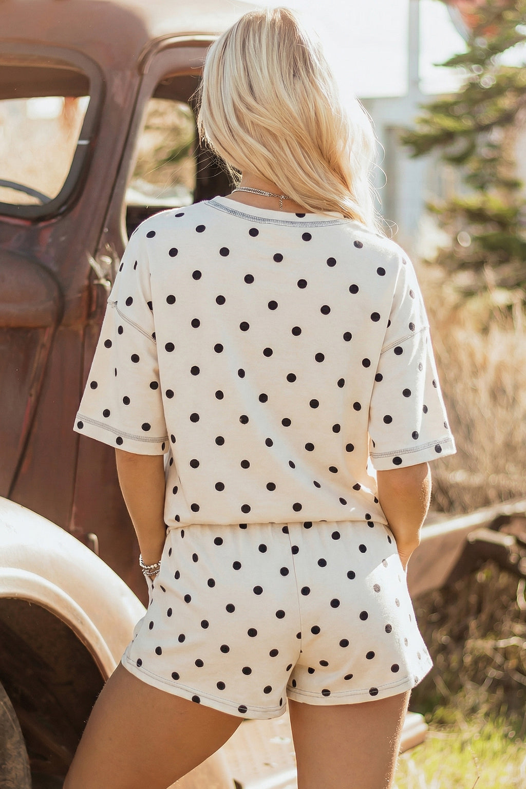 Women’s Polka Dot Shorts Set – Exposed Seam Tee & Drawstring Shorts Outfit Dear-Lover Dropshipping Two Piece Sets/Short Sets