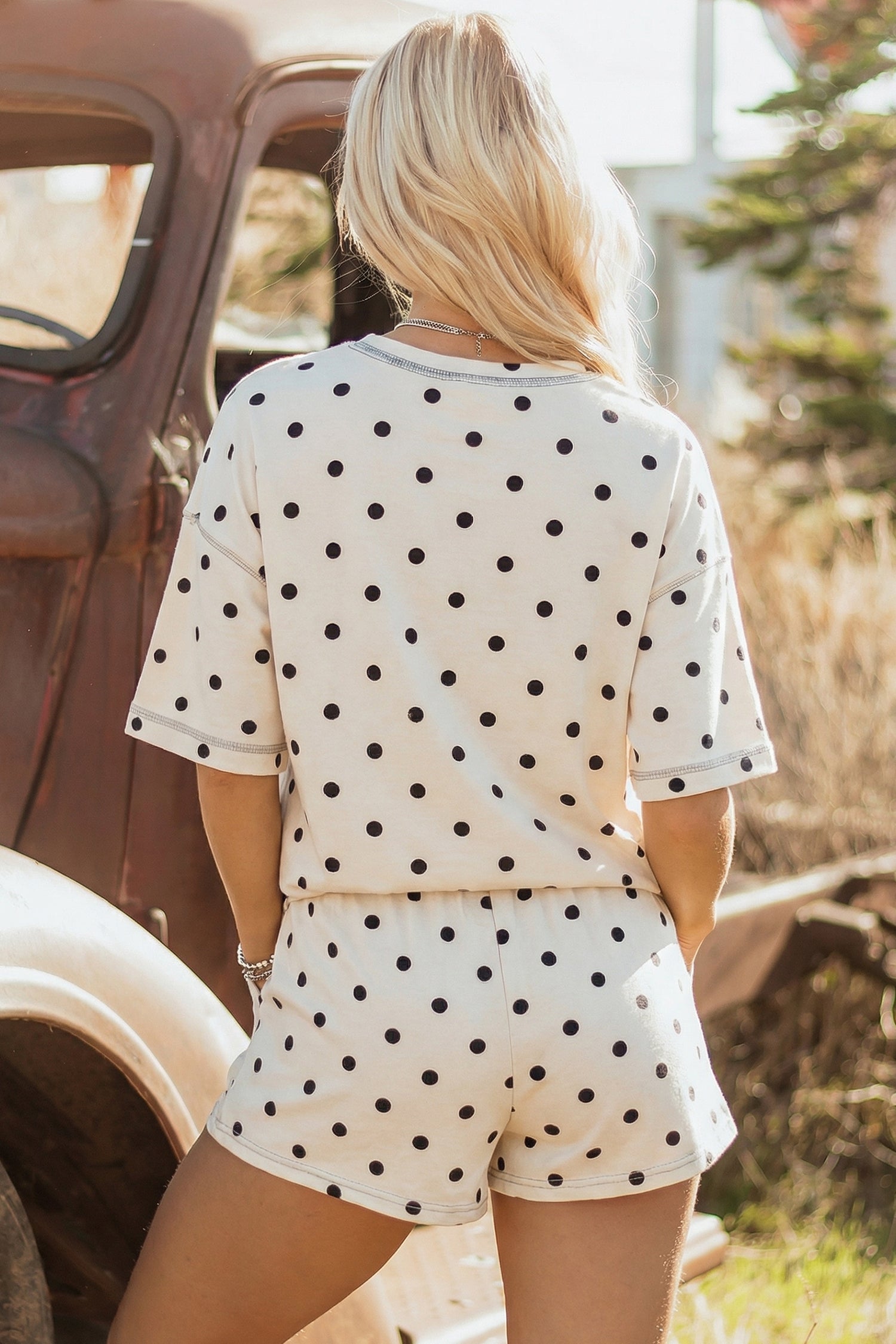 Women’s Polka Dot Shorts Set – Exposed Seam Tee & Drawstring Shorts Outfit Dear-Lover Dropshipping Two Piece Sets/Short Sets