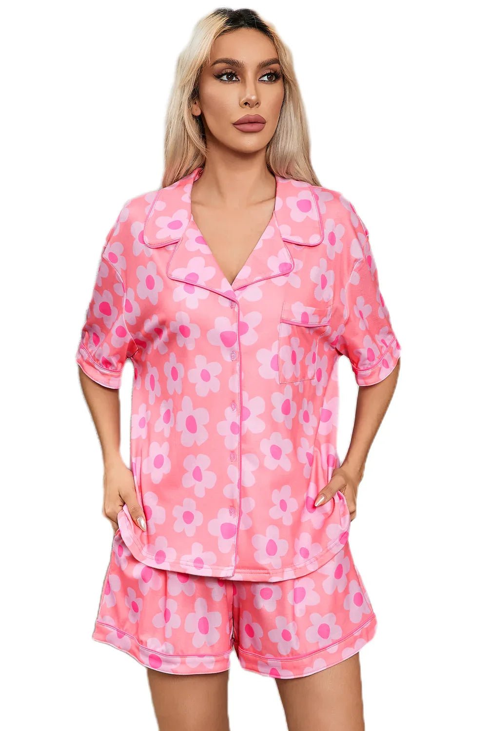 Pink Flower Print Short Sleeve Shirt Pajamas Set Bazaare Mart Loungewear & Sleepwear/Sleepwear