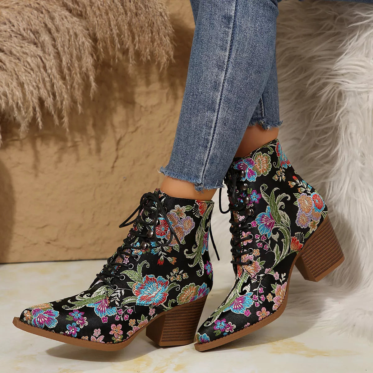 Floral Pointed Toe Block Heel Booties Bazaare Mart Booties