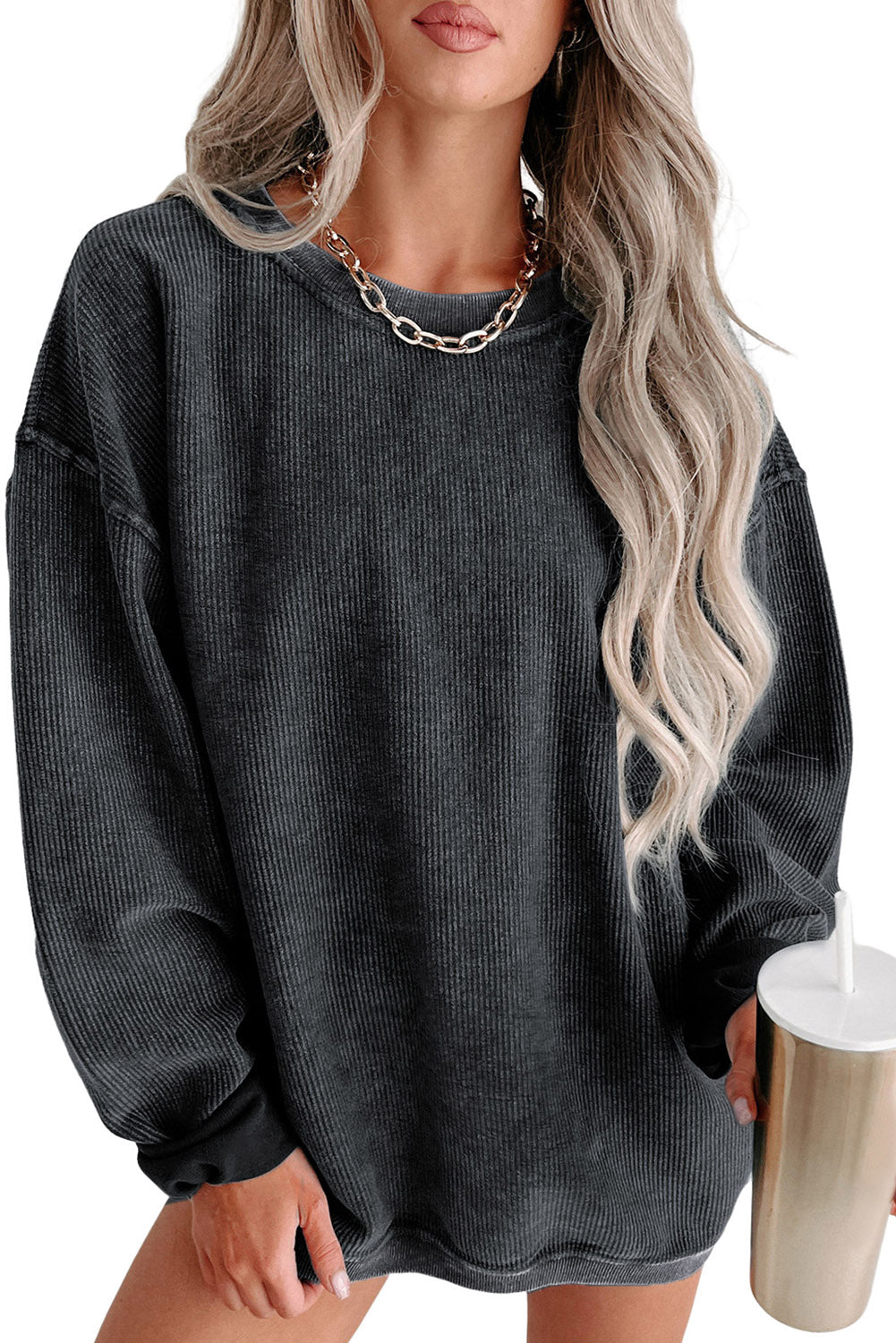 Plain Corded Crew Neck Sweatshirt