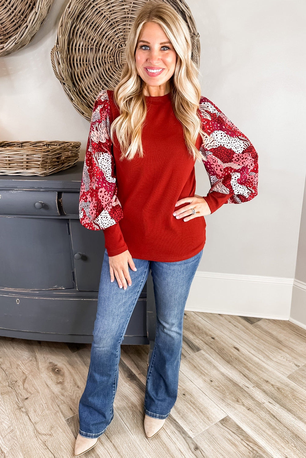 Red Contrast Lantern Sleeve Patchwork Top
